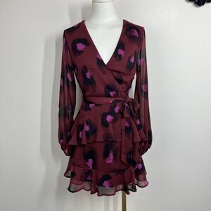 Love Fire Dress Womens Small Red Animal Print Wrap Ruffle Mini Party Cocktail
